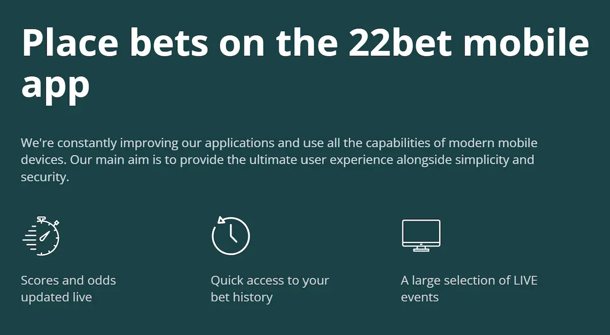 Mobilna aplikacija 22Bet za stave v živo, zgodovino stav in dostop do dogodkov v živo