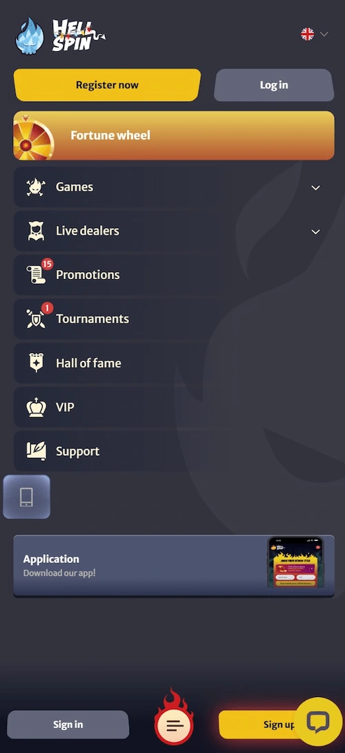 Mobilni meni Hell Spin Casino z glavno navigacijo
