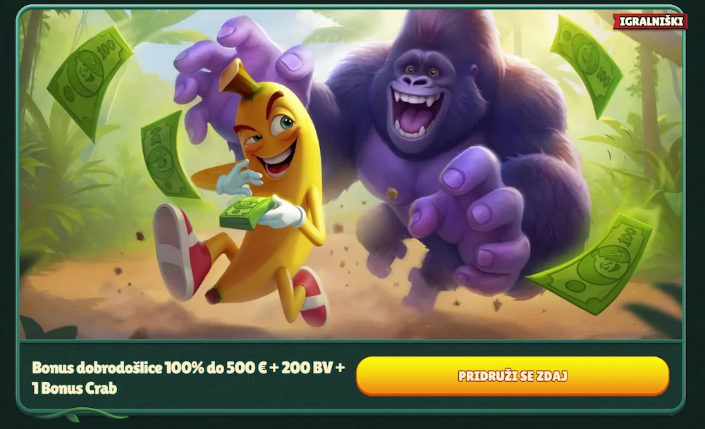 Promocije Gokong Casino z risanimi liki in poudarkom na 100 % bonusu ter brezplačnih vrtljajih