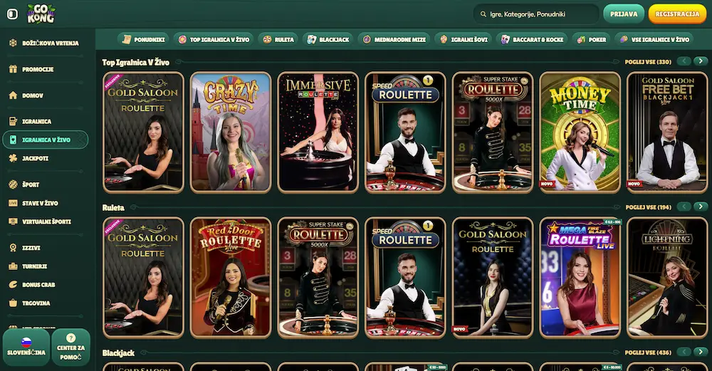 Katalog iger v živo Gokong Casino z ruletami, blackjack mizami in studijskimi prenosi