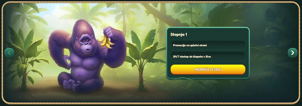 VIP programa Gokong Casino z gorilo v džungli in prikazom stopnje z ekskluzivnimi ugodnostmi