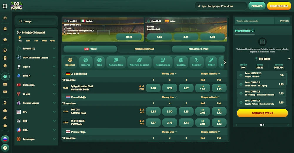 Uporabniški vmesnik športnih stav v Gokong Casino s prikazom tekem, kvot in stavnih možnosti