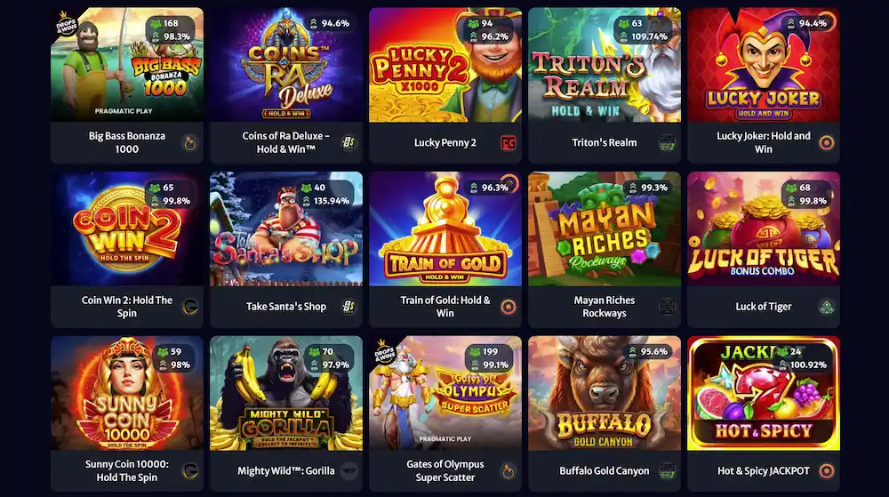 Spletni igralni avtomati v Hell Spin Casino z različnimi temami in RTP vrednostmi