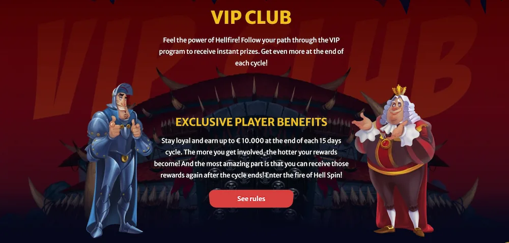 VIP program Hell Spin Casino z nagradami in posebnimi ugodnostmi za člane