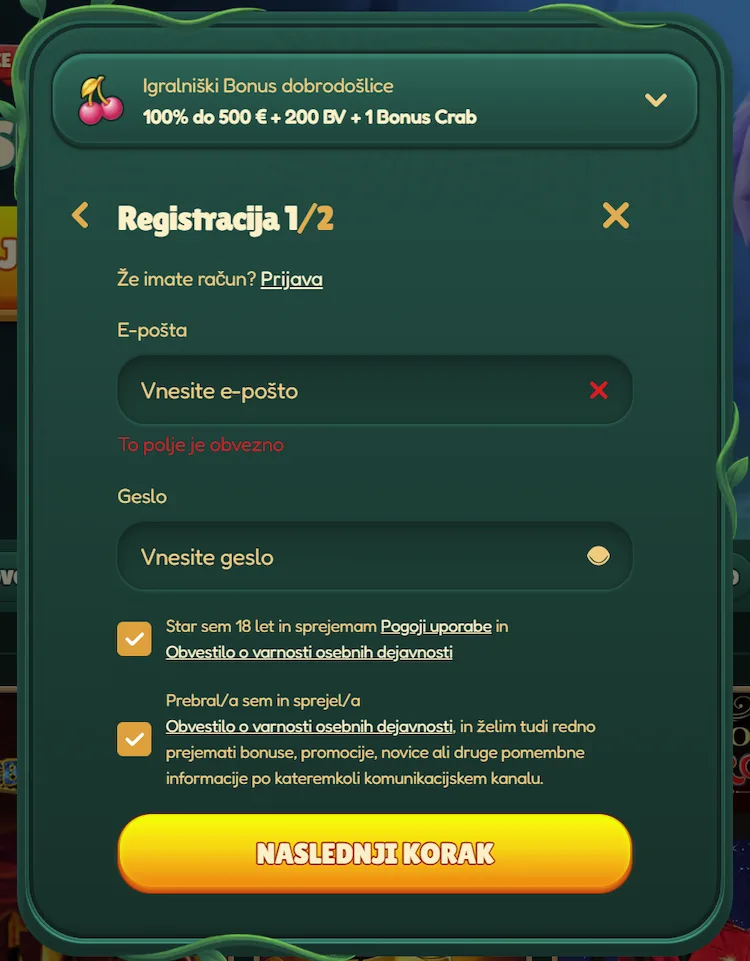 Obrazec za registracijo v spletnem kazinu GoKong