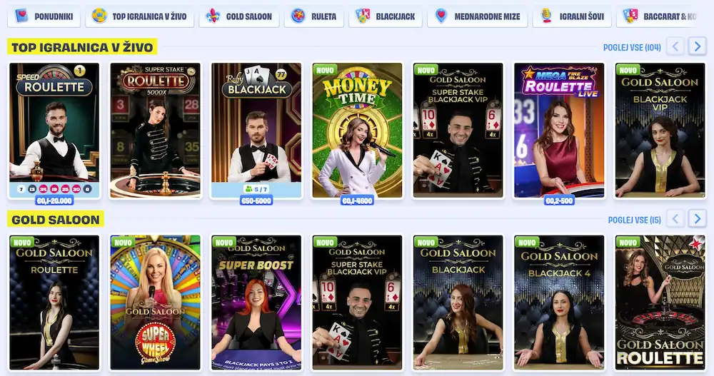 Igralnica v živo OnlySpins Casino s ponudbo rulet, blackjack miz, live show iger in profesionalnimi krupjeji v realnem času.