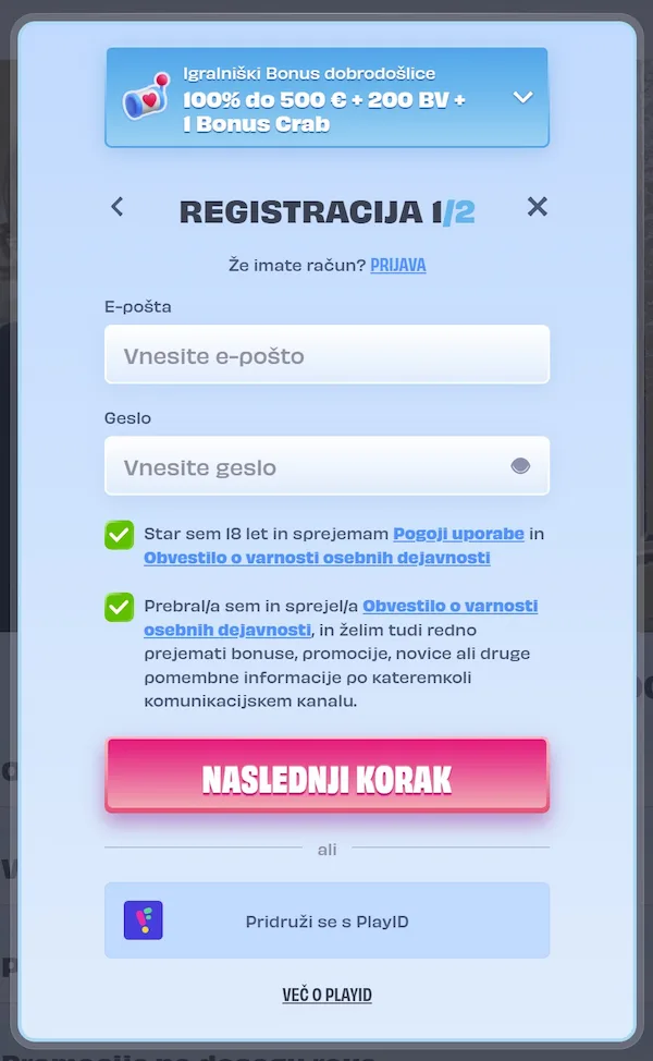 Postopek registracije v OnlySpins Casino prikazuje obrazec za ustvarjanje uporabniškega računa z varnostnimi potrditvami.