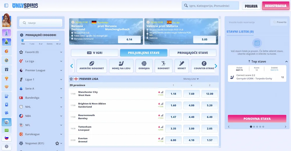 Pregled športnih stav v OnlySpins Casino z ligami, kvotami v realnem času in možnostjo sestave stavnega listka.