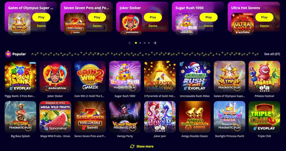 Igralni avtomati v Slotoro Casino z naslovi Pragmatic Play, Evoplay in drugih ponudnikov