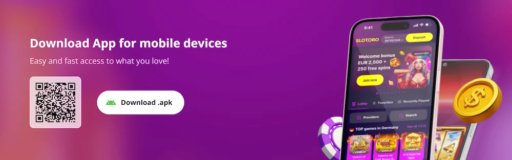 Slotoro Casino mobilna aplikacija za Android z dostopom do iger in bonusov