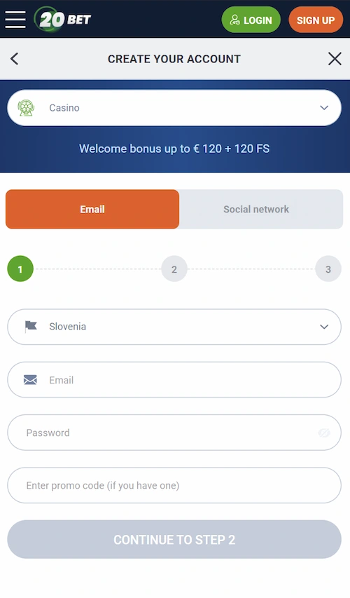 Registracijski obrazec 20bet