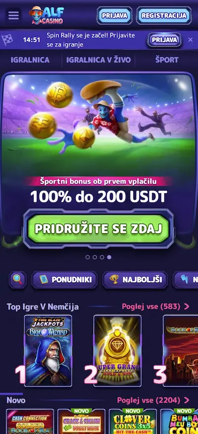 Alf Casino mobilna igralnica vmesnik