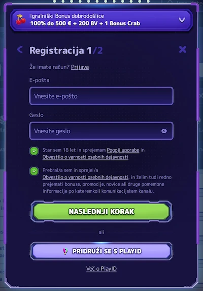 Alf Casino obrazec za registracijo