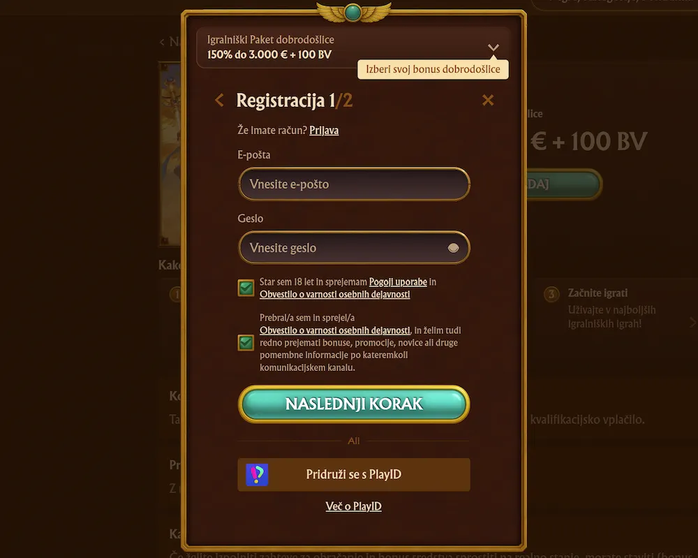 Registracijski obrazec v AmunRa Casino