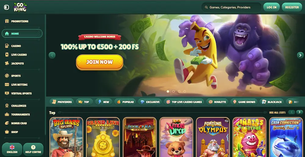 GoKong Casino website layout