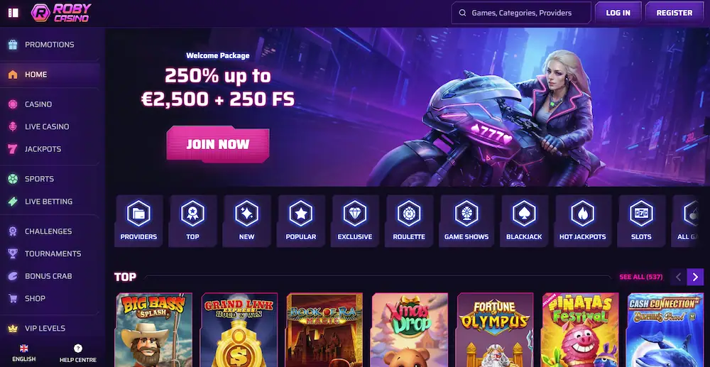 Roby Casino homepage interface