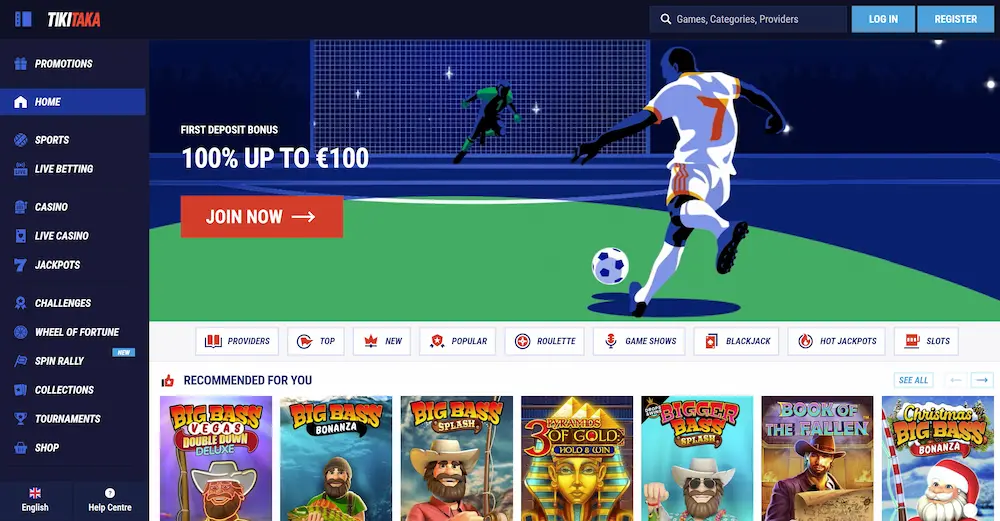 TikiTaka Casino home screen interface