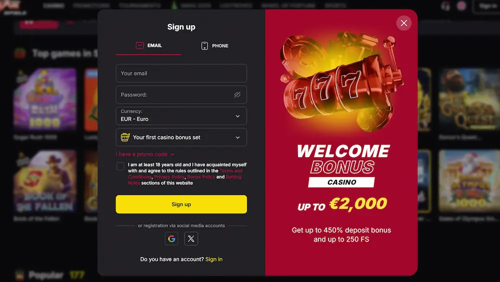 Registracijski obrazec Vulkan Spiele z možnostjo izbire valute in pozdravnega bonusa