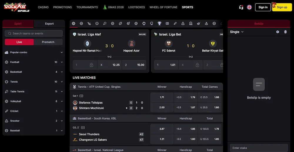 Vmesnik športnih stav na Vulkan Spiele z možnostjo stav v živo in predtekmovalnih stav