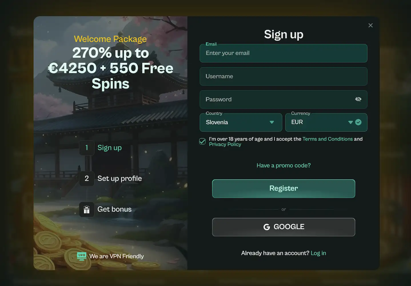 Registracija v Spinzen Casino z obrazcem za ustvarjanje računa