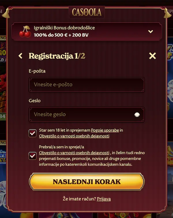 Registracija računa pri Casoola Casino