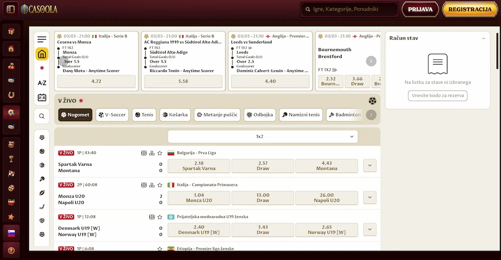 Športne stave v živo pri Casoola Casino