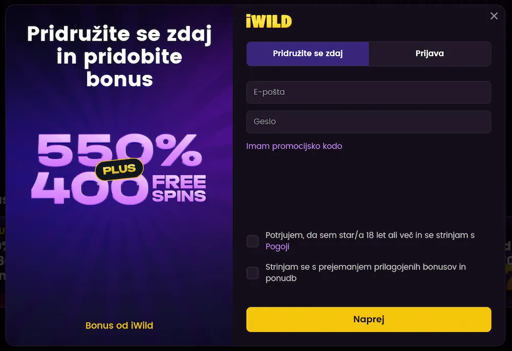 Registracijski obrazec iWild Casino za ustvarjanje računa