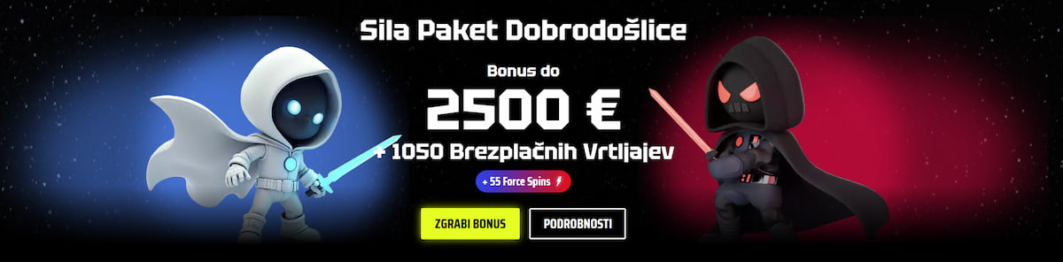 SlotsVader bonus dobrodošlice do 2500 € in 1050 brezplačnih vrtljajev