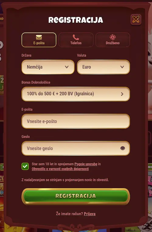 Registracijski obrazec Magius Casino z bonusom dobrodošlice
