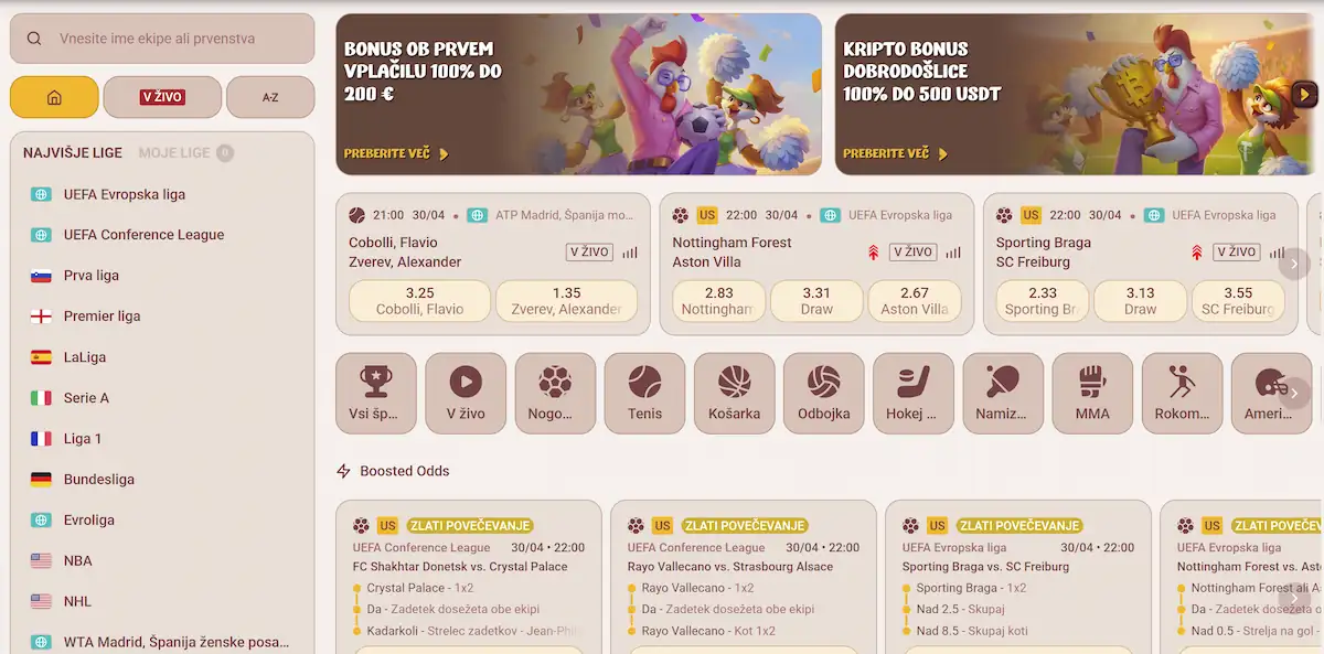 Roostino Casino sportne stave Slovenija kvote nogomet tenis kosarka live stave online stavnica kazino
