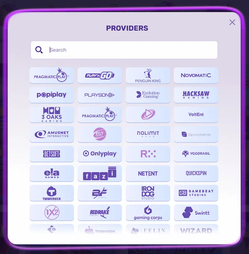 Ponudniki iger v Slots Palace casino z znamkami Pragmatic Play, Play'n GO in Evolution Gaming