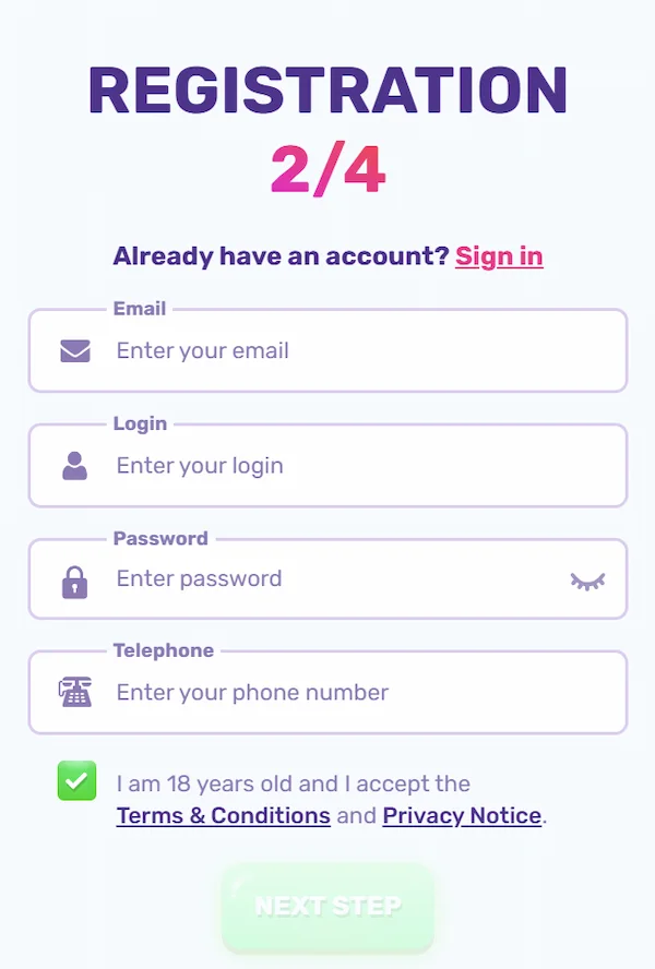 Obrazec za registracijo v Slots Palace casino z vnosom e-pošte, telefona in gesla