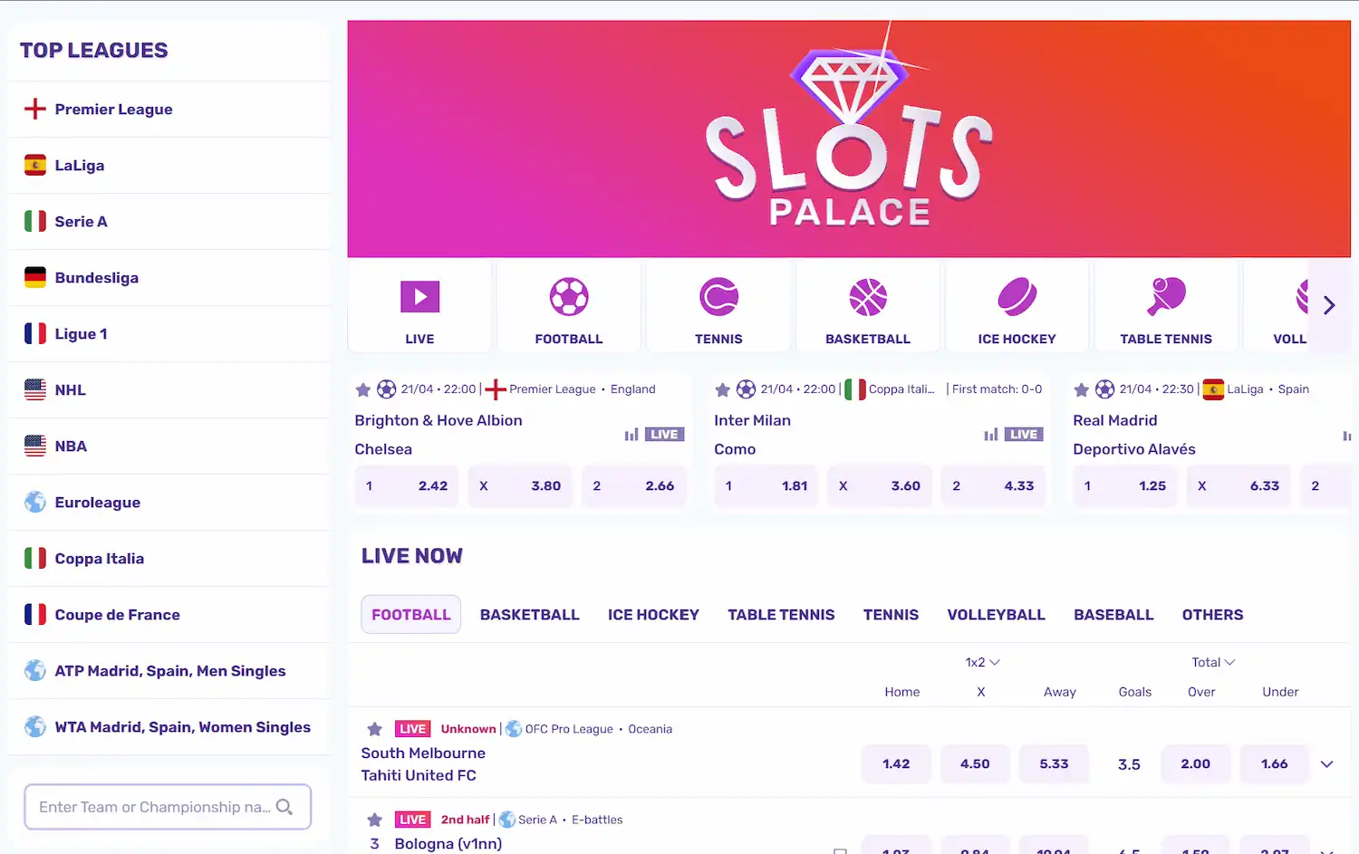 Športne stave v Slots Palace z ligami v živo, nogometom, tenisom in kvotami za slovenske igralce