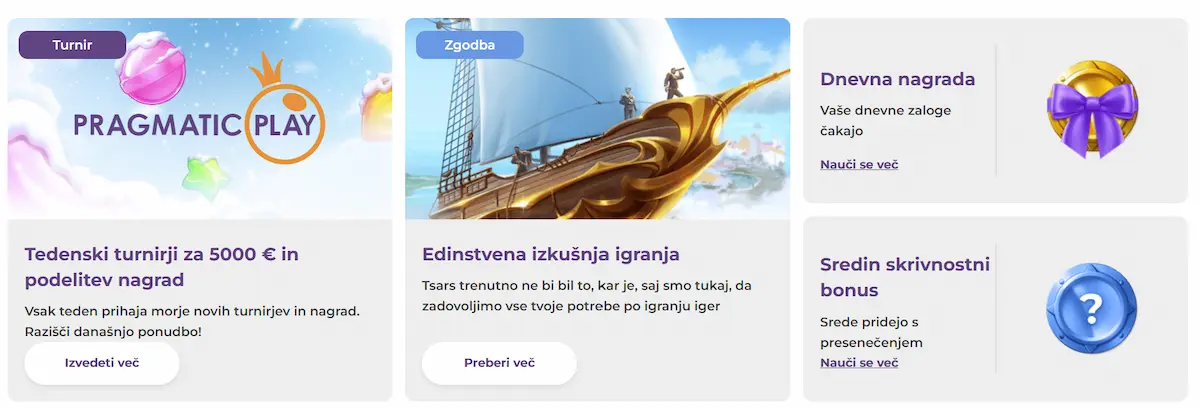 Promocije in dnevne nagrade v Tsars Casino za slovenske igralce