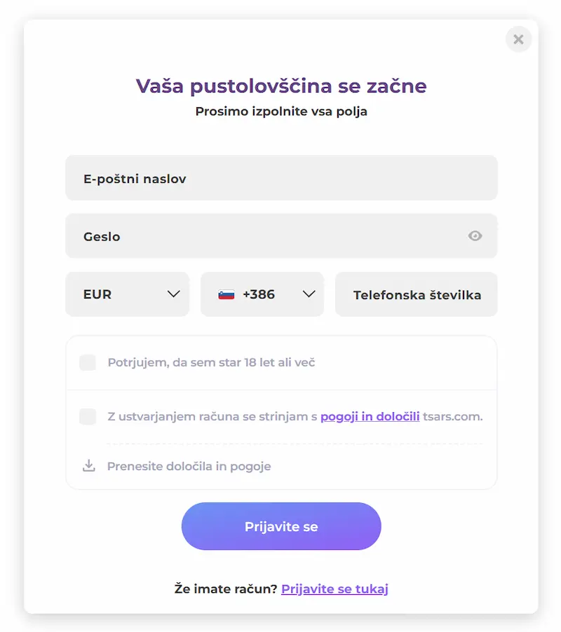 Registracijski obrazec Tsars Casino za nove igralce v Sloveniji