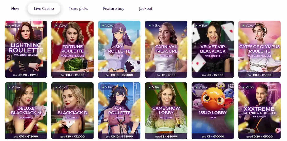 Live Casino v Tsars Casino z ruletami blackjackom in igrami v živo