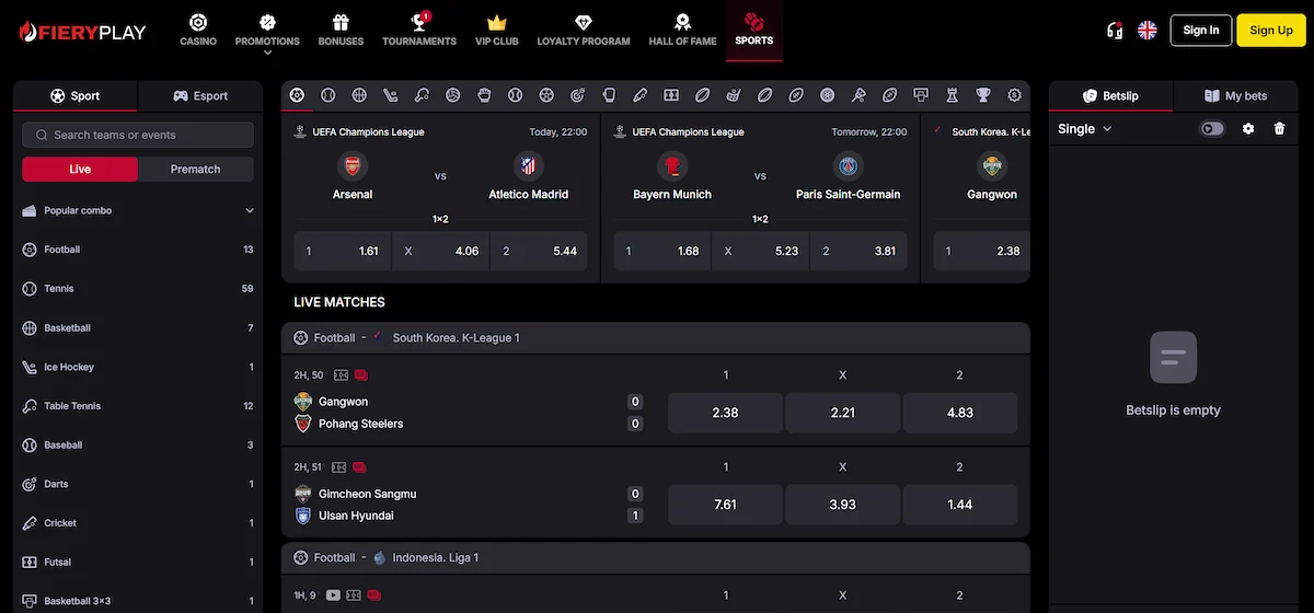 Fieryplay sport stave v zivo nogomet kvote in betting vmesnik za slovenske igralce