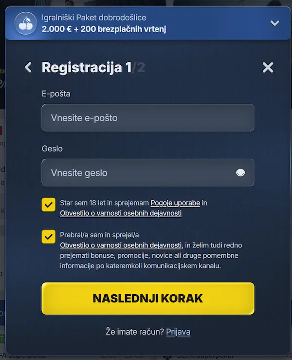Registracijski obrazec na BetRepublic
